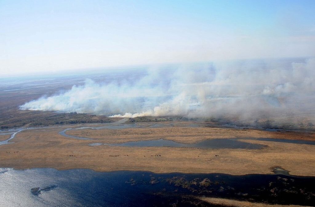 Helicópteros hidrantes trabajan en la extinción del fuego en las islas del Paraná